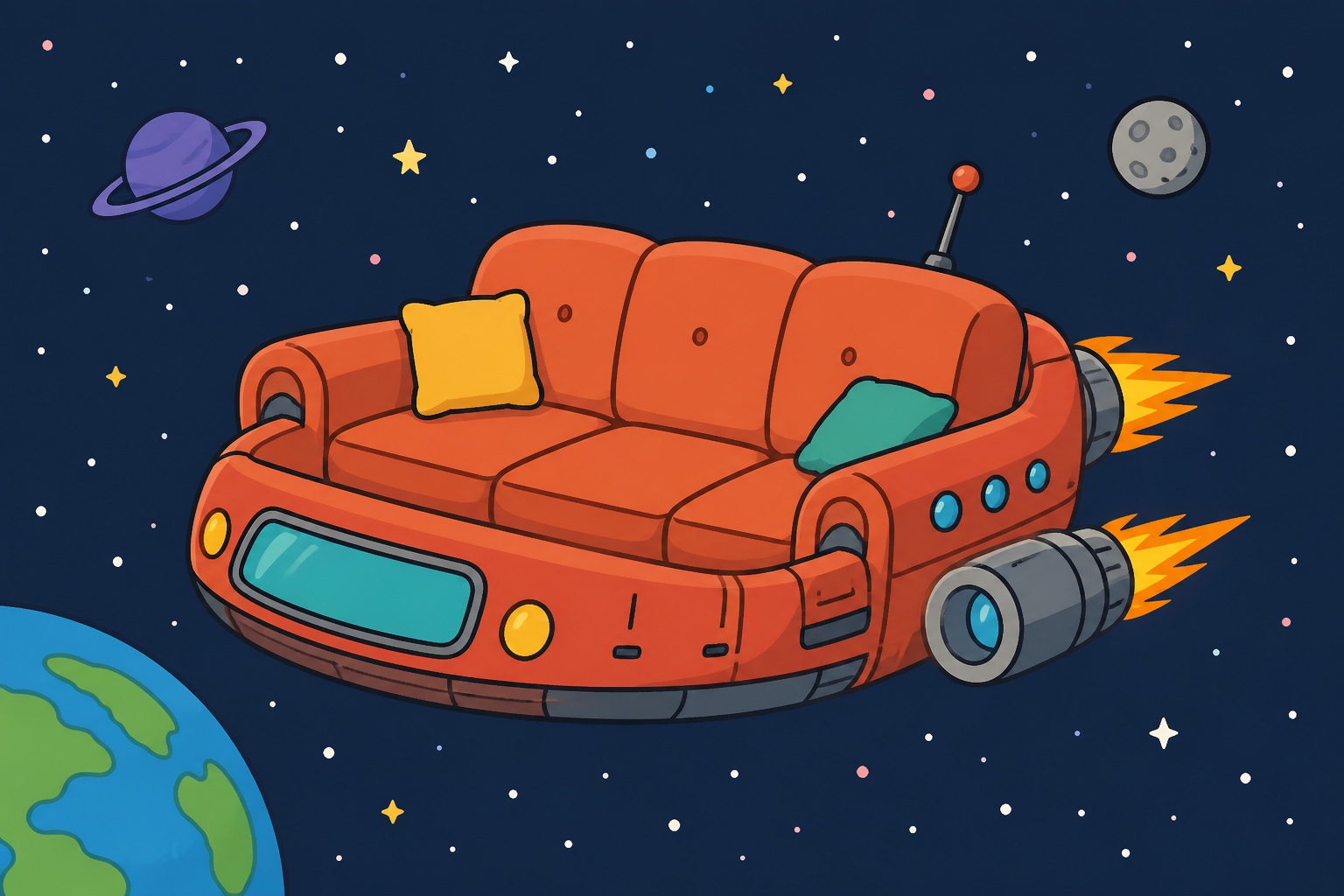 An illustrated couch shaped like a spaceship flying through space